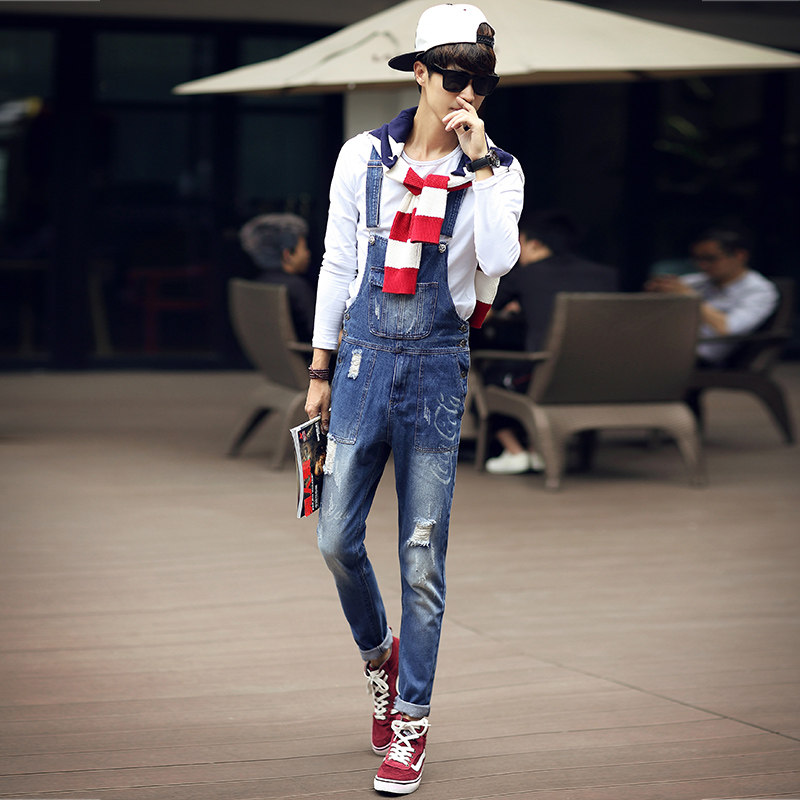春装新款破洞牛仔背带裤男宽松韩版青年吊带长裤复古哈伦垮裤潮_爱酷