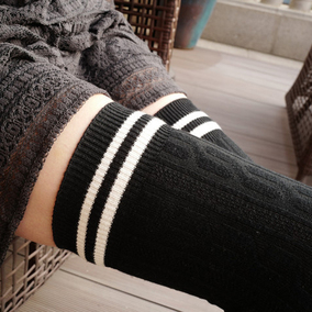 新品黑色条纹日系学生堆堆袜针织秋冬季保暖全棉长筒袜过膝大腿袜