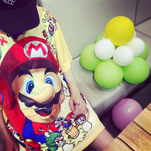 2016年夏季女装韩版宽松短袖连衣裙黄色卡通印花马里奥a字短裙潮