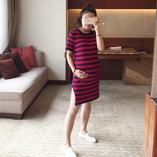 【特价】时尚潮妈孕妇装2016秋季新款条纹针织衫连衣裙