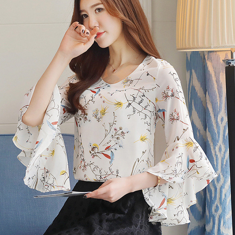 碎花雪纺衫女短袖2017夏装新款女装韩版短款荷叶边喇叭袖上衣超仙