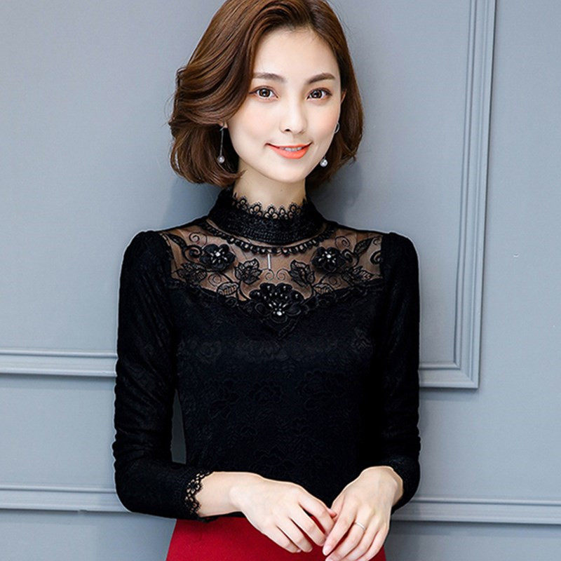 2017秋冬装韩版长袖女式蕾丝衫加绒加厚修身显瘦t恤打底衫衣服女