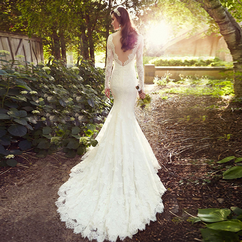 鱼尾婚纱礼服2017春季新款长袖蕾丝长拖尾修身显瘦新娘一字肩婚纱