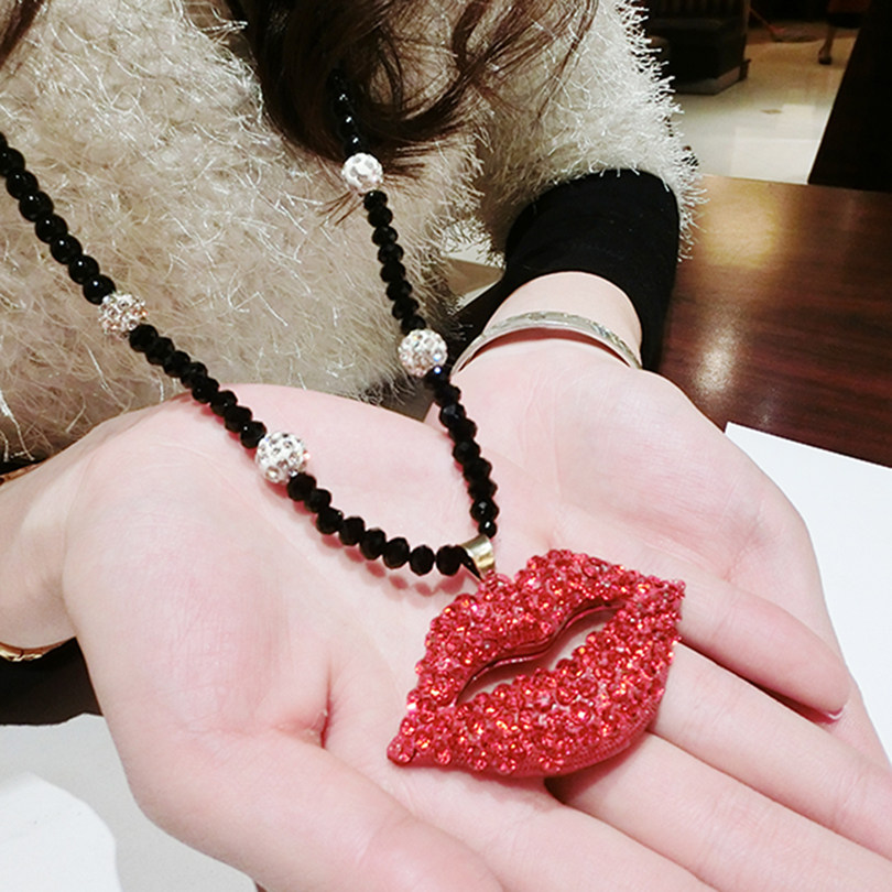 粉妆饰品时尚欧美装饰人造珍珠大嘴唇红唇粗毛衣链复古长款项链女
