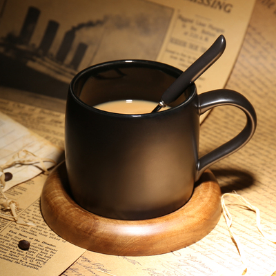 欧式定制磨砂咖啡杯带勺创意简约马克杯子带木垫高档黑色陶瓷水杯