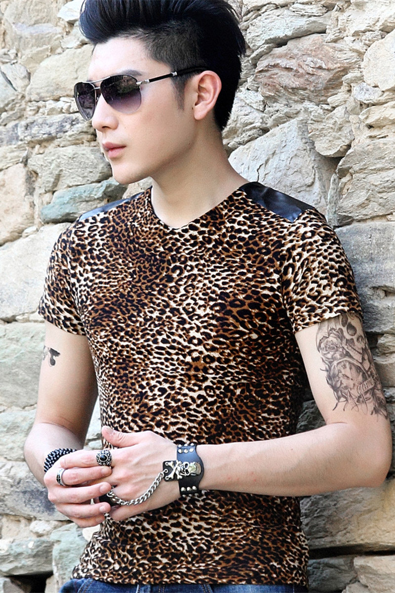 crcp韩版男士豹纹短袖t恤时尚紧身个性v领t恤百搭潮男打底上衣男