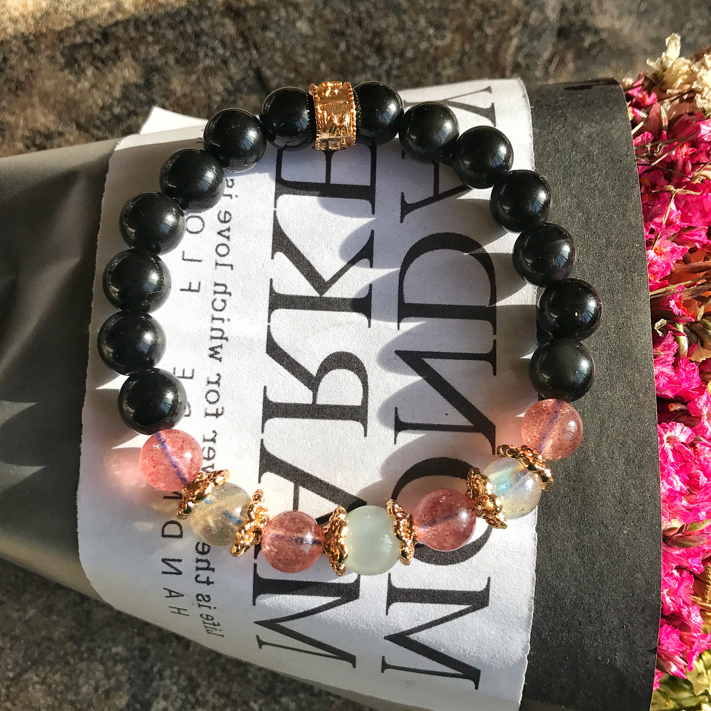 纯天然黑曜石月光石草莓晶水晶手链 招财辟邪助事业助财运转运