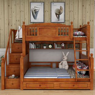 全实木美式双层床高低子母床儿童组合上下床橡木木高低床母子床