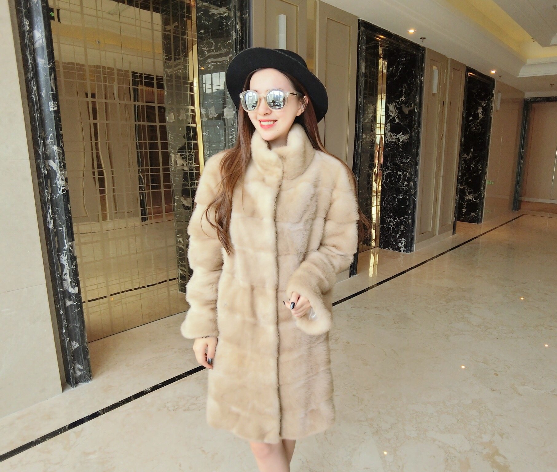 欧洲站2016海宁 天鹅绒貂皮大衣整貂女款连帽中长款水貂皮草外套