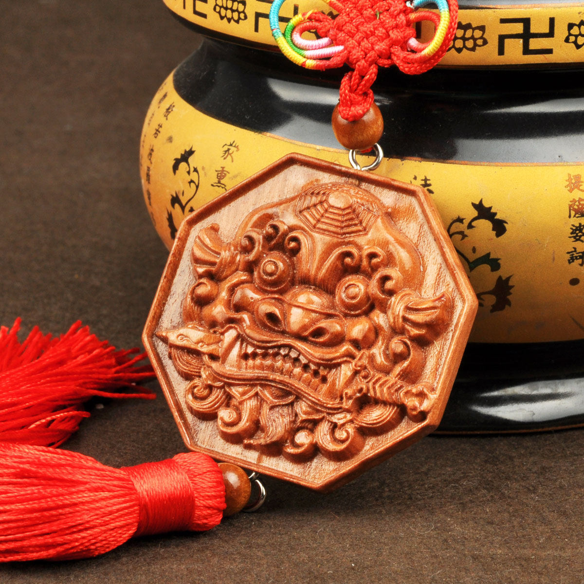 风水阁 桃木兽头镜八卦镜挂件摆件木雕挂件化解卫生间厕所污口