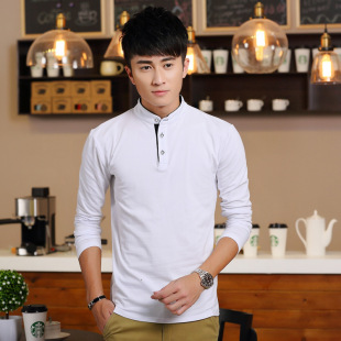 立领 土长袖t恤衬衫白色立领修身秋衣上衣外穿黑灰色潮 春夏装青年