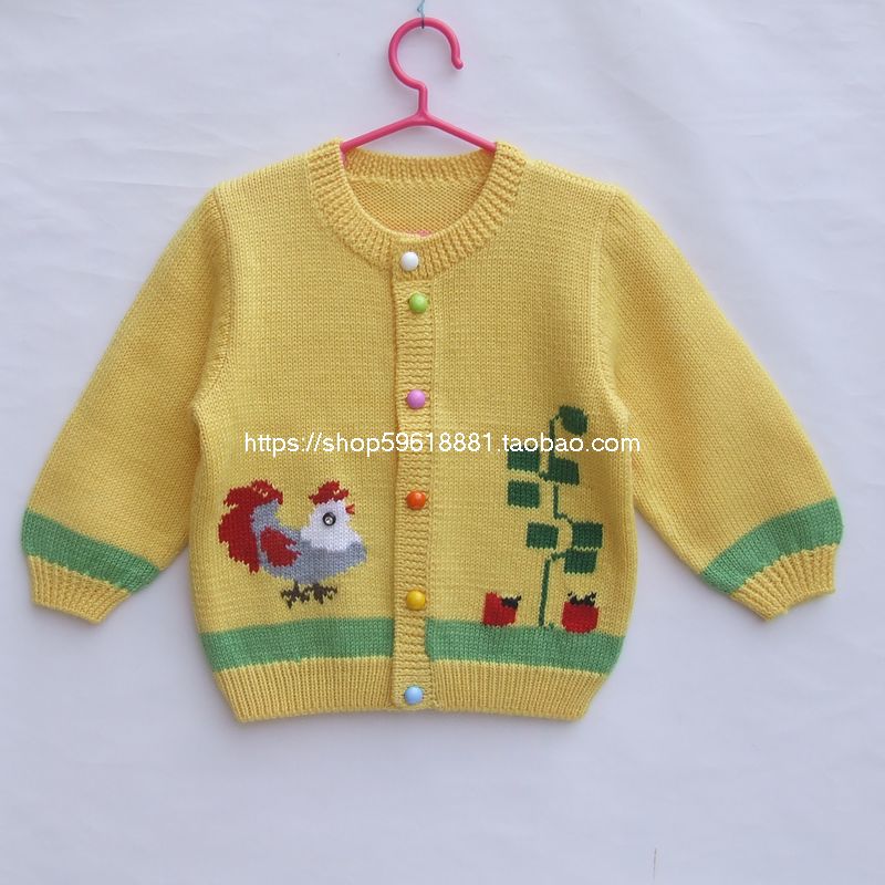 婴儿毛衣纯手工编织宝宝开衫二件套装鸡年卡通图