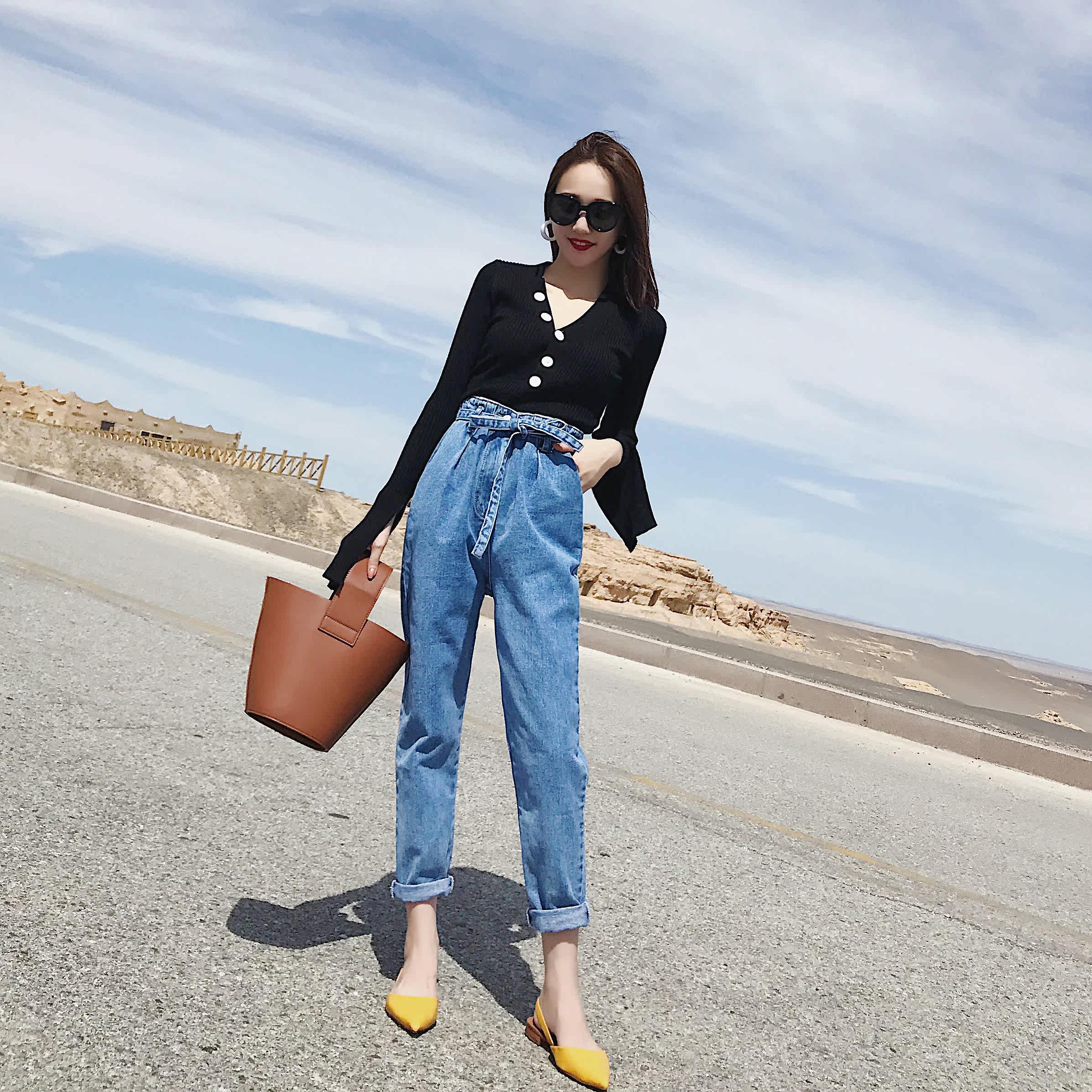 2017秋季新款韩版高腰牛仔裤女宽松花苞萝卜长裤九分裤学生小脚裤