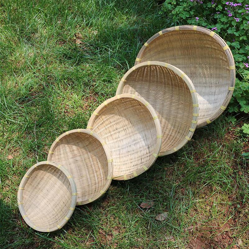 竹编簸箕圆形筲箕竹筛子农家竹制品收纳筐家用有孔水果篮洗菜圆筐