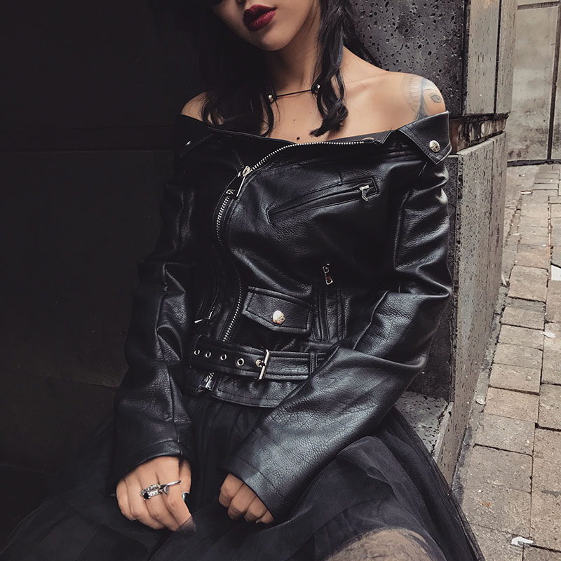 2017春季新装机车一字领性感修身露肩短款黑色皮衣pu外套女上衣潮