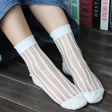复古日系水晶袜子 条纹玻璃袜短丝袜子夏季白色黑色女袜 透明短袜