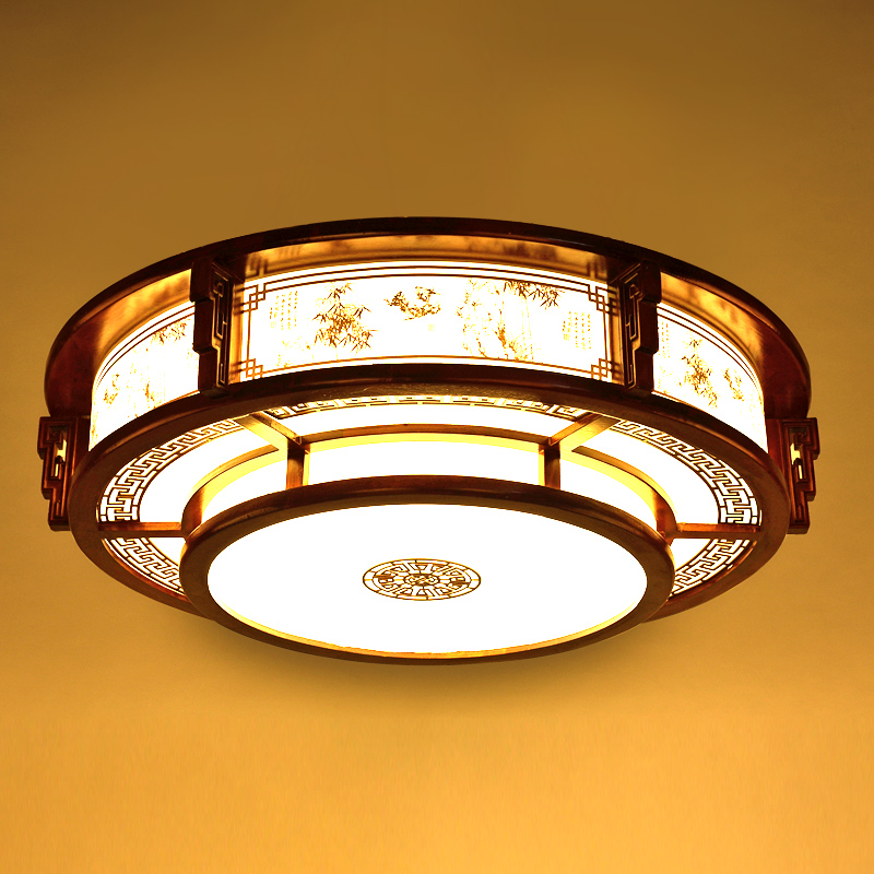 圆形中式吸顶灯led客厅灯古典卧室书房灯亚克力实木中式灯具仿古