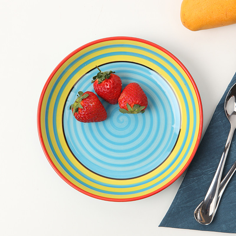 4只装8寸韩式彩色陶瓷彩虹盘子套装 日式碟子深菜盘创意家用餐具