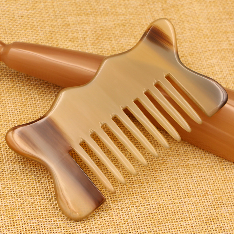 天然 白牦牛角 刮痧按摩梳子 宽齿粗齿头部按摩梳 刮痧板多功能梳