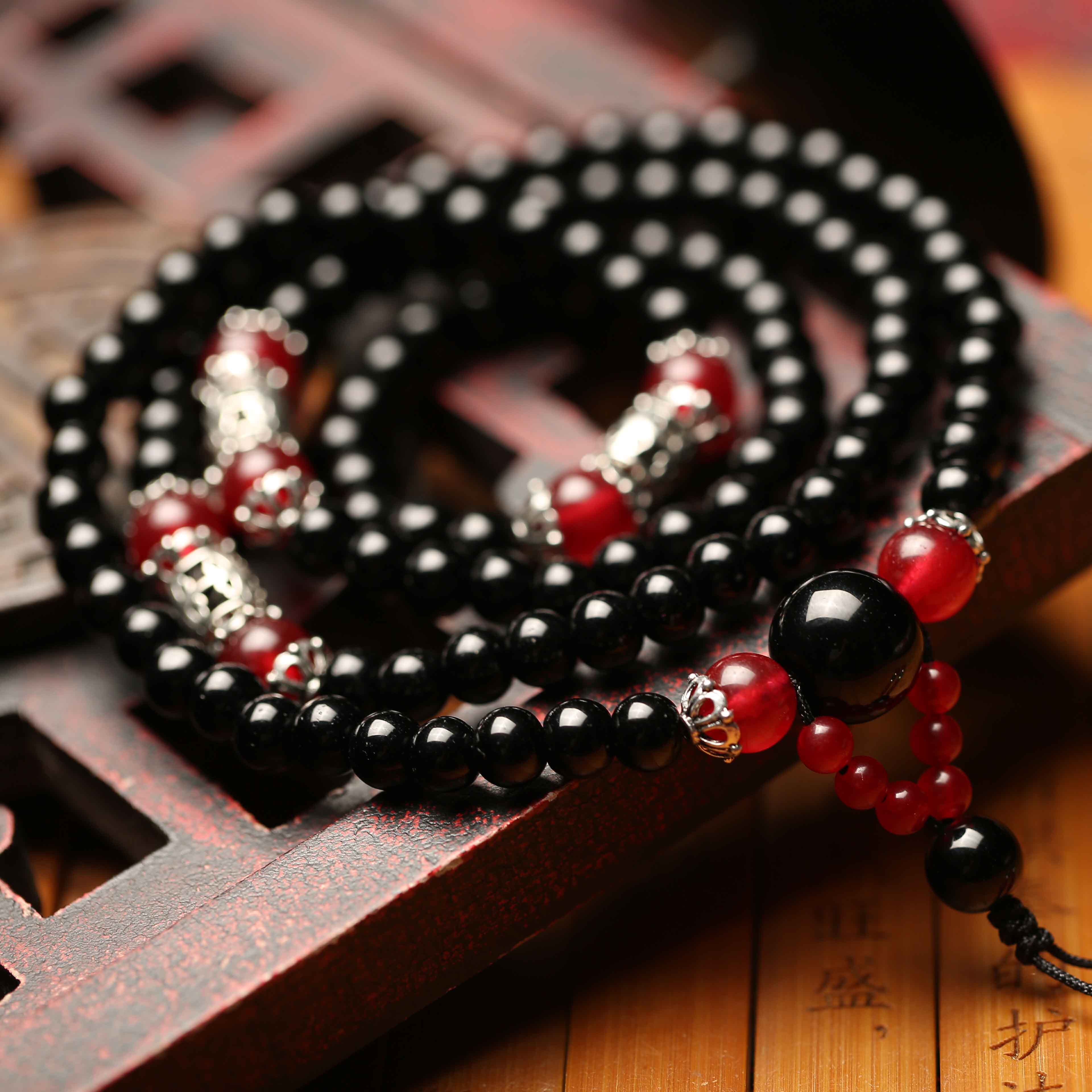 开光黑曜石108颗佛珠手链 辟邪转运男女款手串 饰品