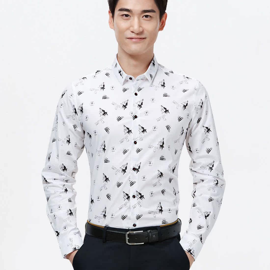2017春季新品男装修身休闲印花长袖衬衫hnead1n015a 花纹白衬衫