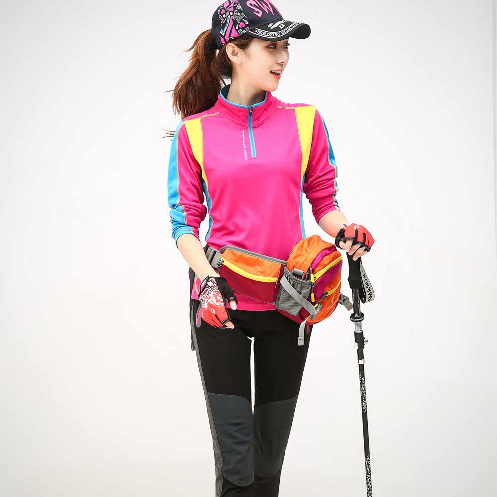 17秋装新款户外拼色防晒速干衣裤套装女士大码显瘦秋游两件套