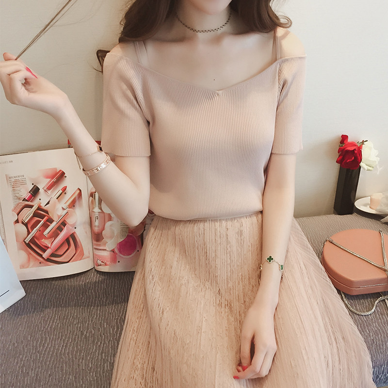 夏季女装新款纯色性感一字领露肩吊带针织衫女短款修身打底薄毛衣