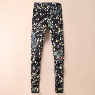 2016夏季高档真丝大花孔雀发型修身长裤新品走秀款印花男休闲裤