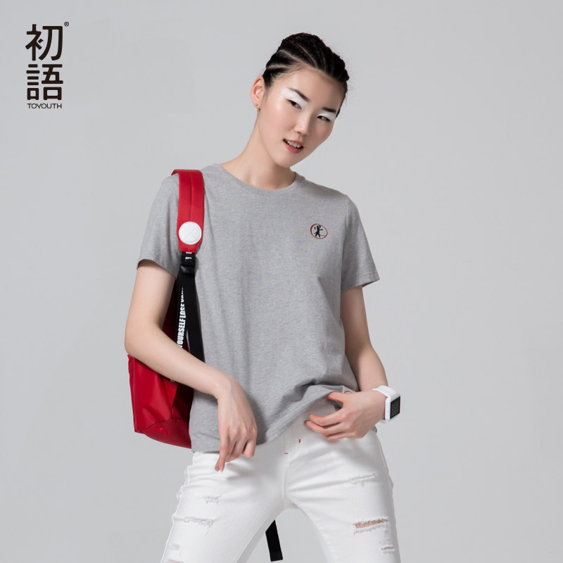 初语女装 夏季新款字母印花纯色简约短袖t恤衫女纯棉
