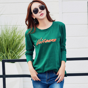 纯棉长袖女t秋韩范字母刺绣t恤宽松bf风大码圆领长袖打底衫外穿