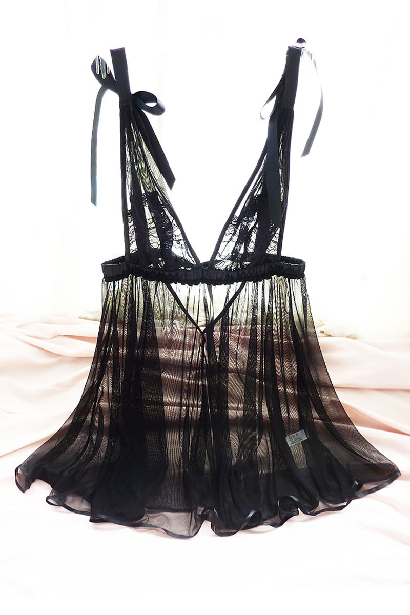 秋季超薄网纱全透明性感蕾丝诱惑蝴蝶结睡衣高腰透视睡裙配内裤黑