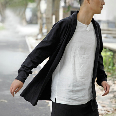启法原创男装亚麻外套男春季宽松棉麻上衣男黑色休闲薄风衣男宽松