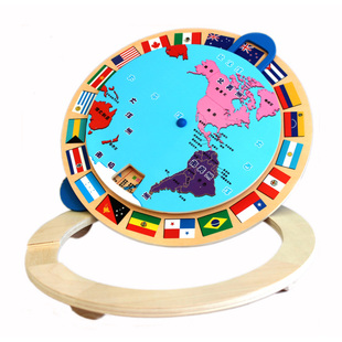 世界旋转地图拼图 国家和国旗早教认知玩具 地图大转盘