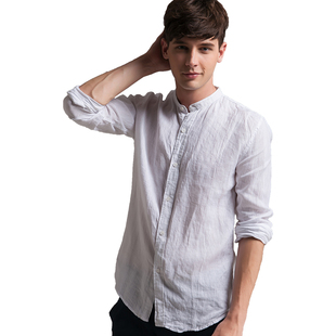 younger男装棉麻薄衬衣服男夏亚麻质衬衫中国风立领麻衣长袖上衣