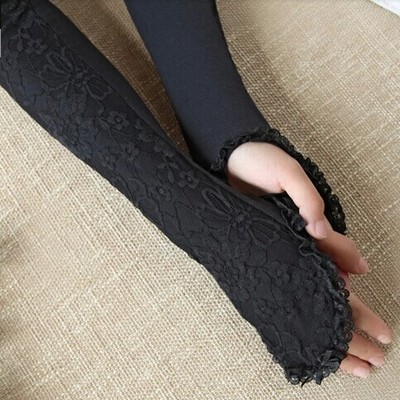 韩国长款防晒蕾丝手袜 女用遮阳露指手套 夏天 开车带的 紫色黑色