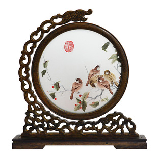 古吴女红苏州特产 【鸡翅木】 苏绣成品手工刺绣双面绣摆件台屏