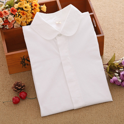 美座2015秋季新款韩版修身小圆领纯棉白衬衫女长袖打底衬衣小清新