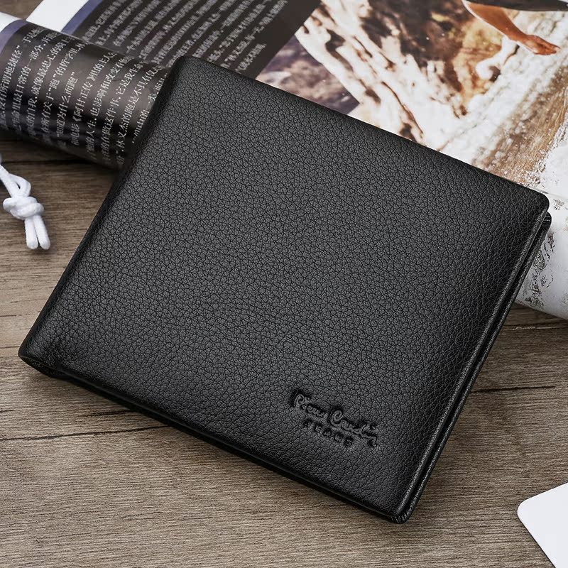 皮尔卡丹超薄款男士钱包真皮短款头层牛皮皮夹商务钱夹荔枝纹票夹