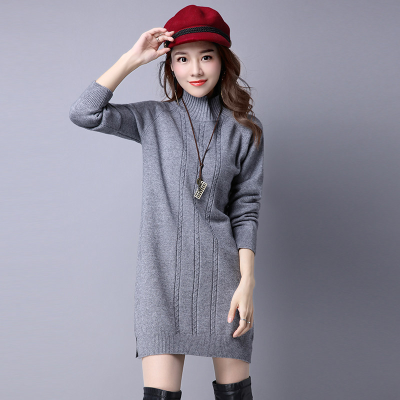 半高领毛衣女秋冬中长款套头宽松针织衫a字型女士长袖加厚打底衫