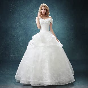 婚纱礼服2015冬季新款一字肩婚纱韩式齐地收腰定制大码包肩包邮