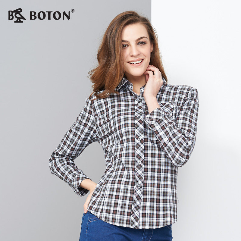 boton/波顿boton/波顿2017春季新款红蓝格长袖衬衫女 ls619117