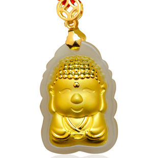 六喜福珠宝24k金镶迷你小玉佛吊坠女款3d和田玉镶金佛吊坠送礼品