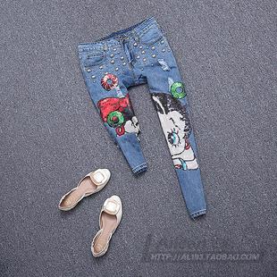 欧洲站2016夏装新款欧货铆钉亮片卡通贝蒂女孩水洗牛仔裤小脚裤女