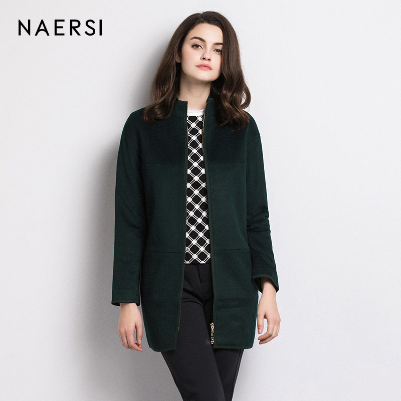 naersi/娜尔思冬季新品女装翻领羊毛中长款修身毛呢大衣外套