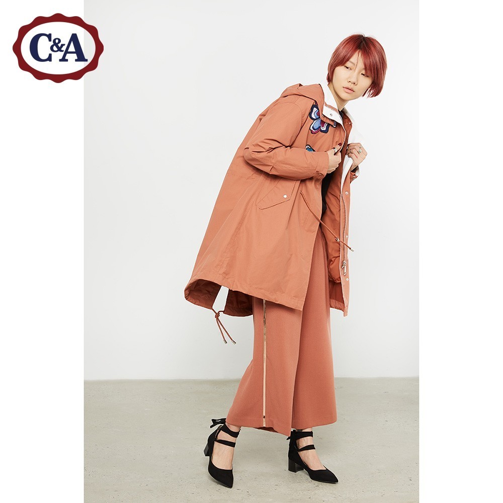 c&a女式中长款连帽棉服 2017早春新款抽绳工装风外套ca200189269