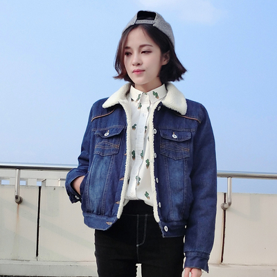 羊羔毛牛仔外套女短款韩版加厚保暖牛仔棉衣外套休闲复古拼接款潮