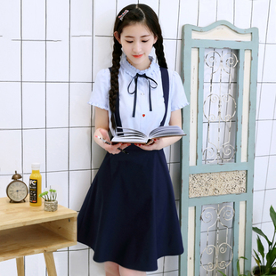 少女夏季可爱套装2017新款中学生背带裙套装初中生学院风两件套女