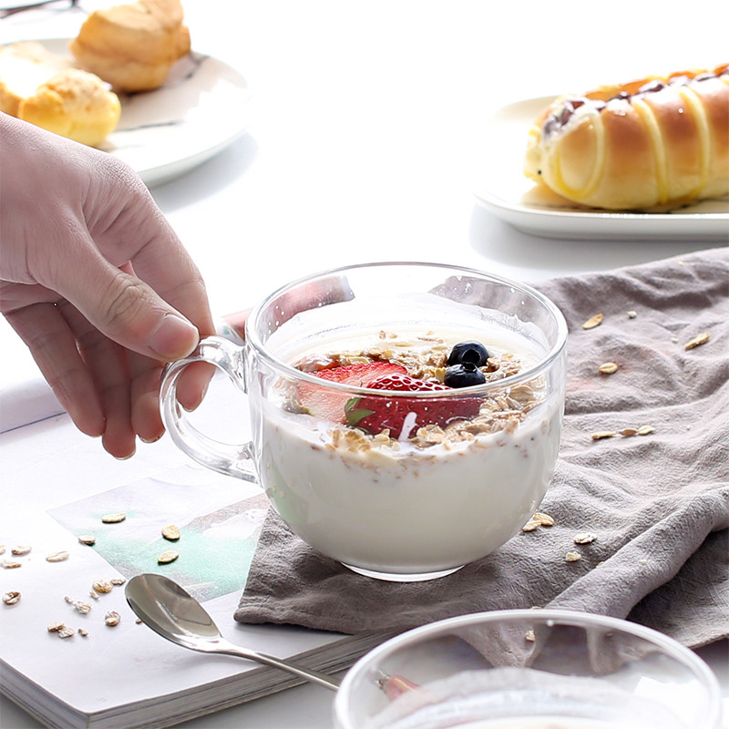 素宝 早餐玻璃杯谷物燕麦片杯 纯色透明牛奶果汁杯把手大碗杯