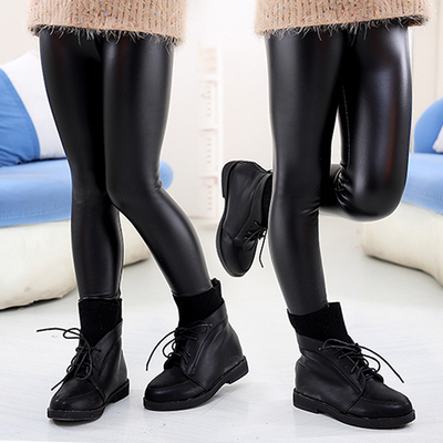 女童6冬装3小孩7-9岁女孩5小脚裤裤子儿童保暖皮裤加绒黑色打底裤