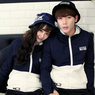 情侣装秋装2015新款韩版拼色情侣卫衣连帽棒球服外套男女夹克开衫